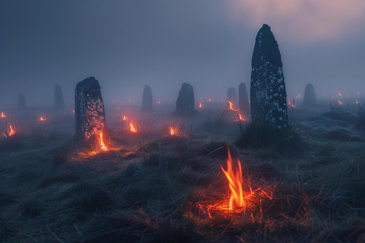 Ethereal Flames Dancing Around Ancient Standing Stones in Foggy Moor   nature background photo