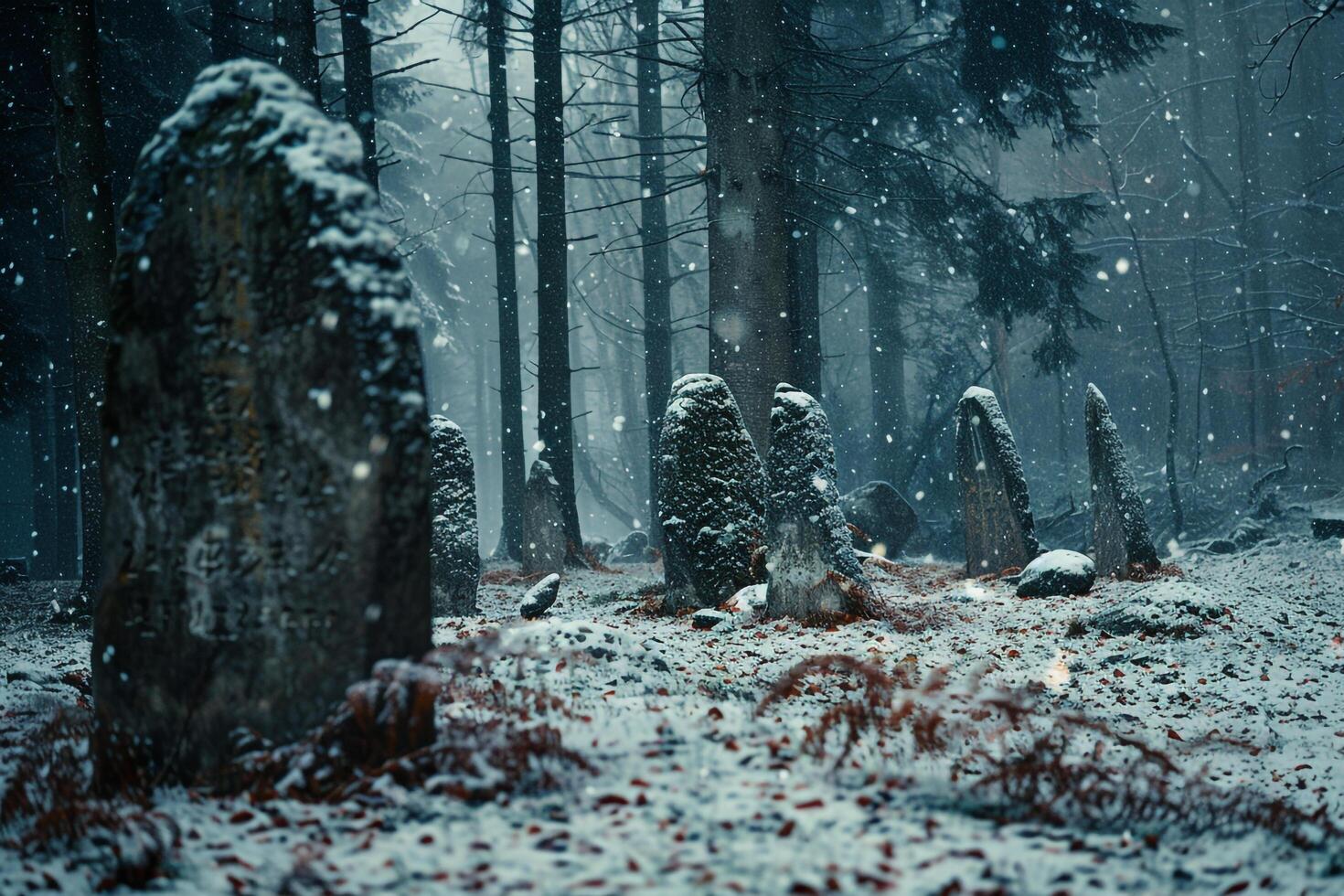 Ethereal Snowflakes Falling Around Ancient Stone Circle in Misty Forest   nature background photo