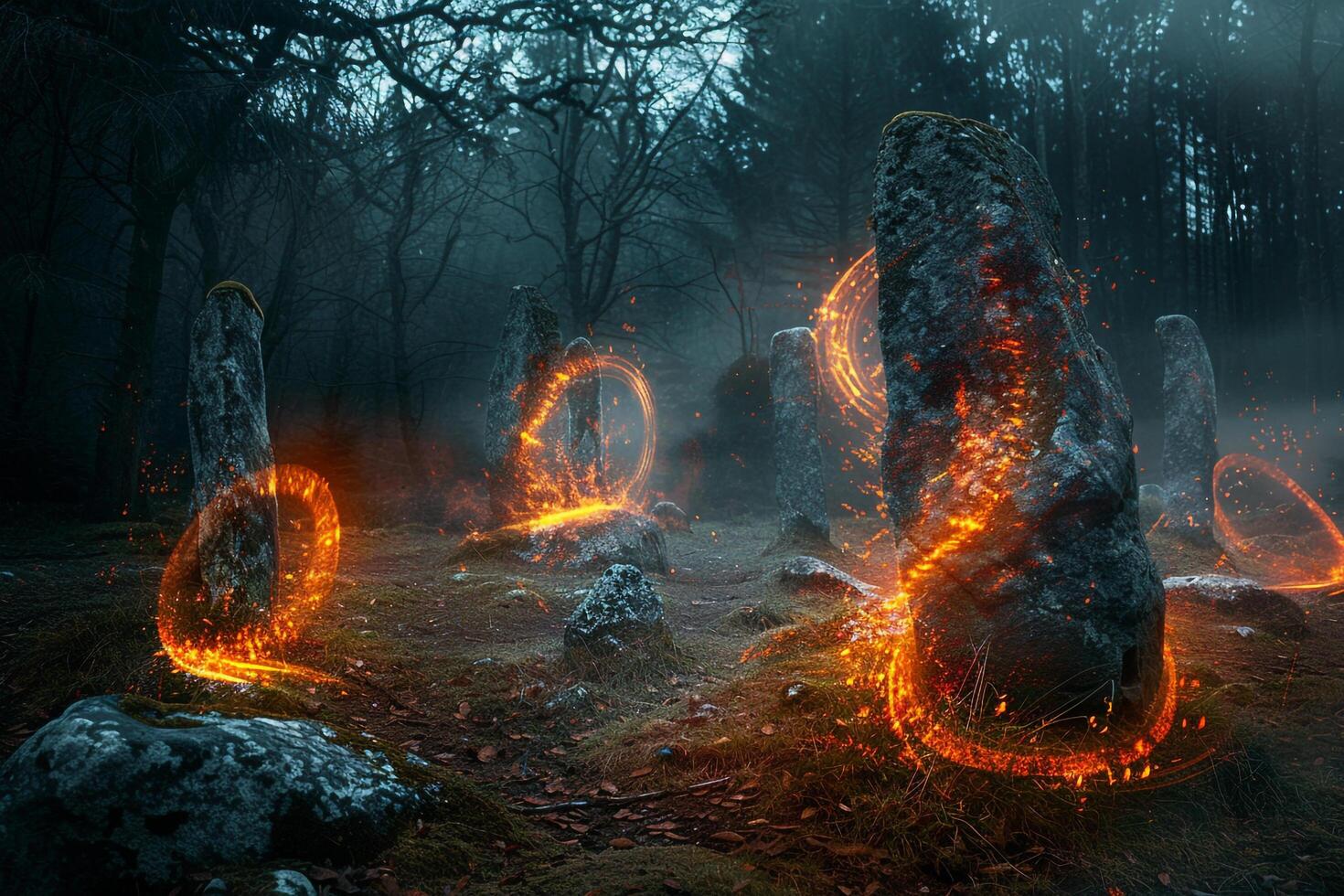 Enigmatic Flames Dancing Around Ancient Stone Circle at Twilight in Misty Forest   nature background photo