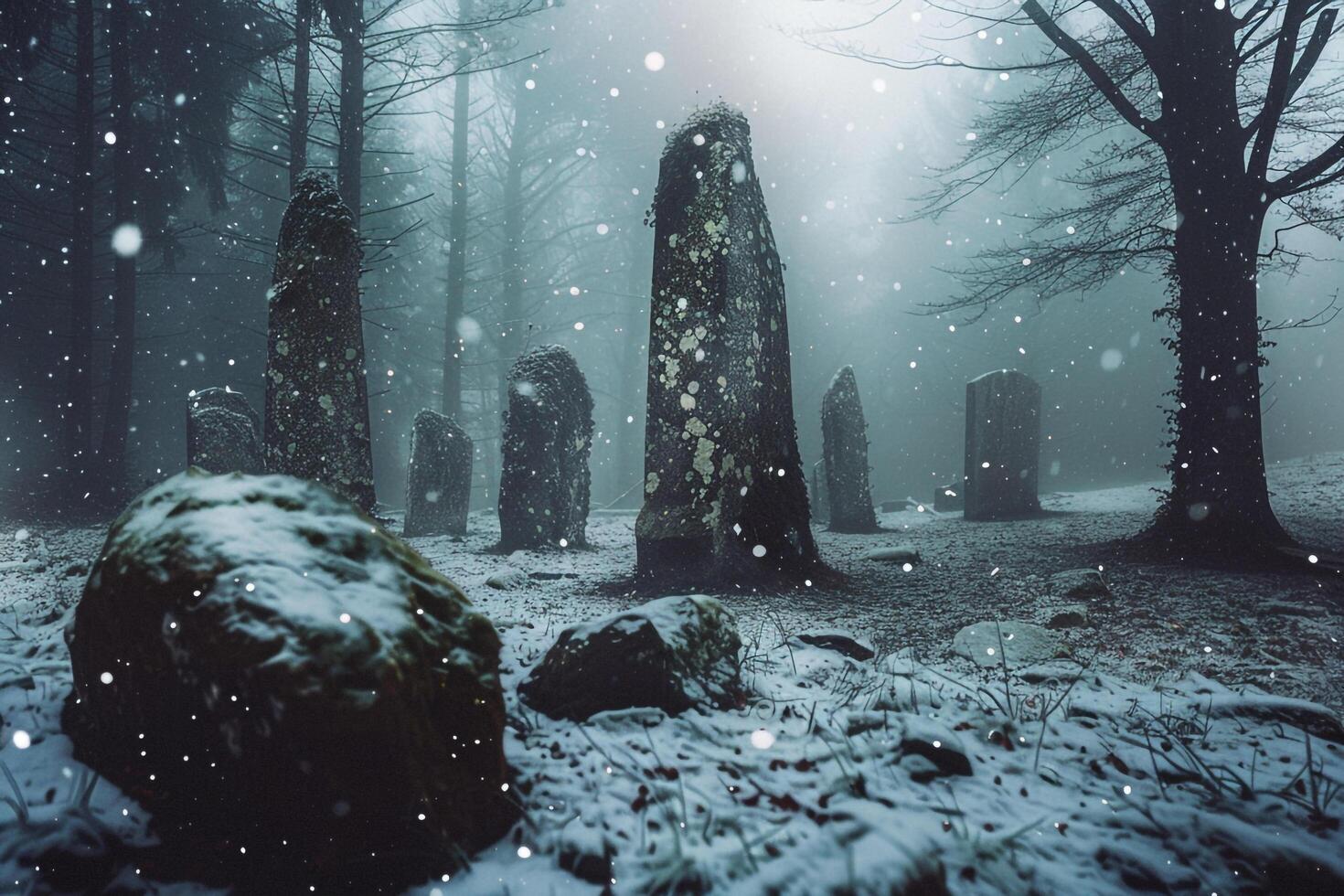 Mystical Snowflakes Surrounding Ancient Stone Circle in a Misty Forest   nature background photo