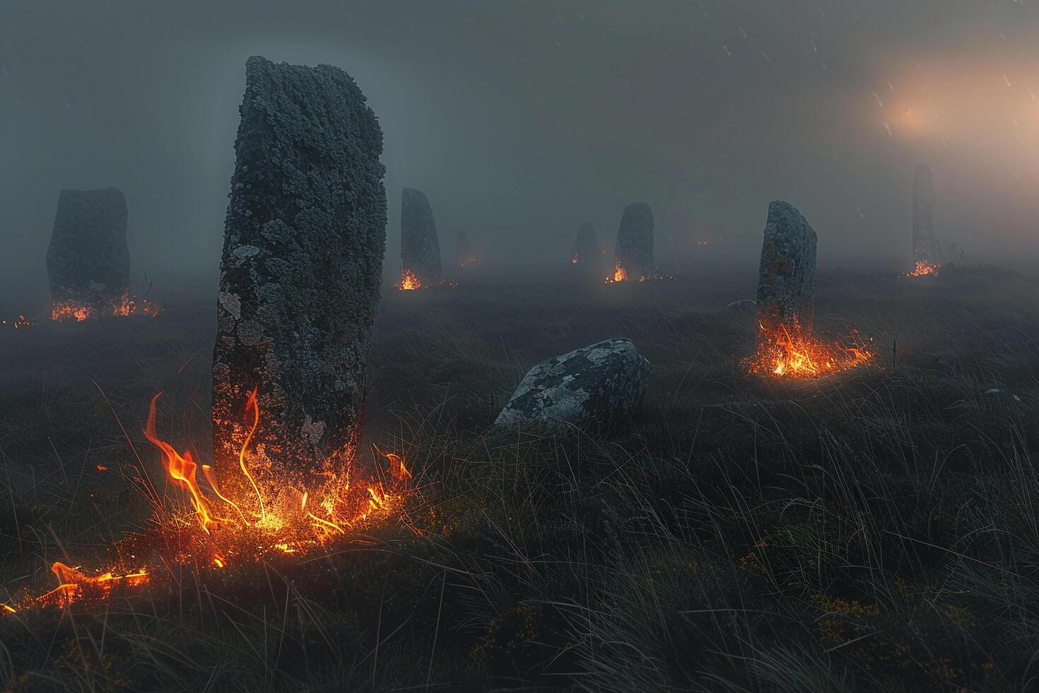 Captivating Ethereal Flames Around Ancient Standing Stones in Foggy Moor   nature background photo