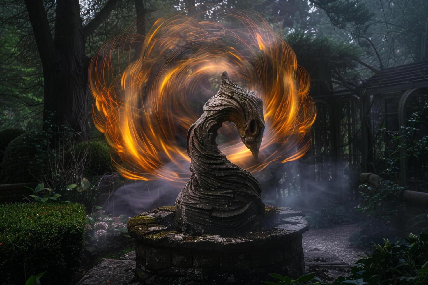 Ethereal Flames Swirling Around Stone Sculpture of Mythical Creature in Misty Garden   nature background photo