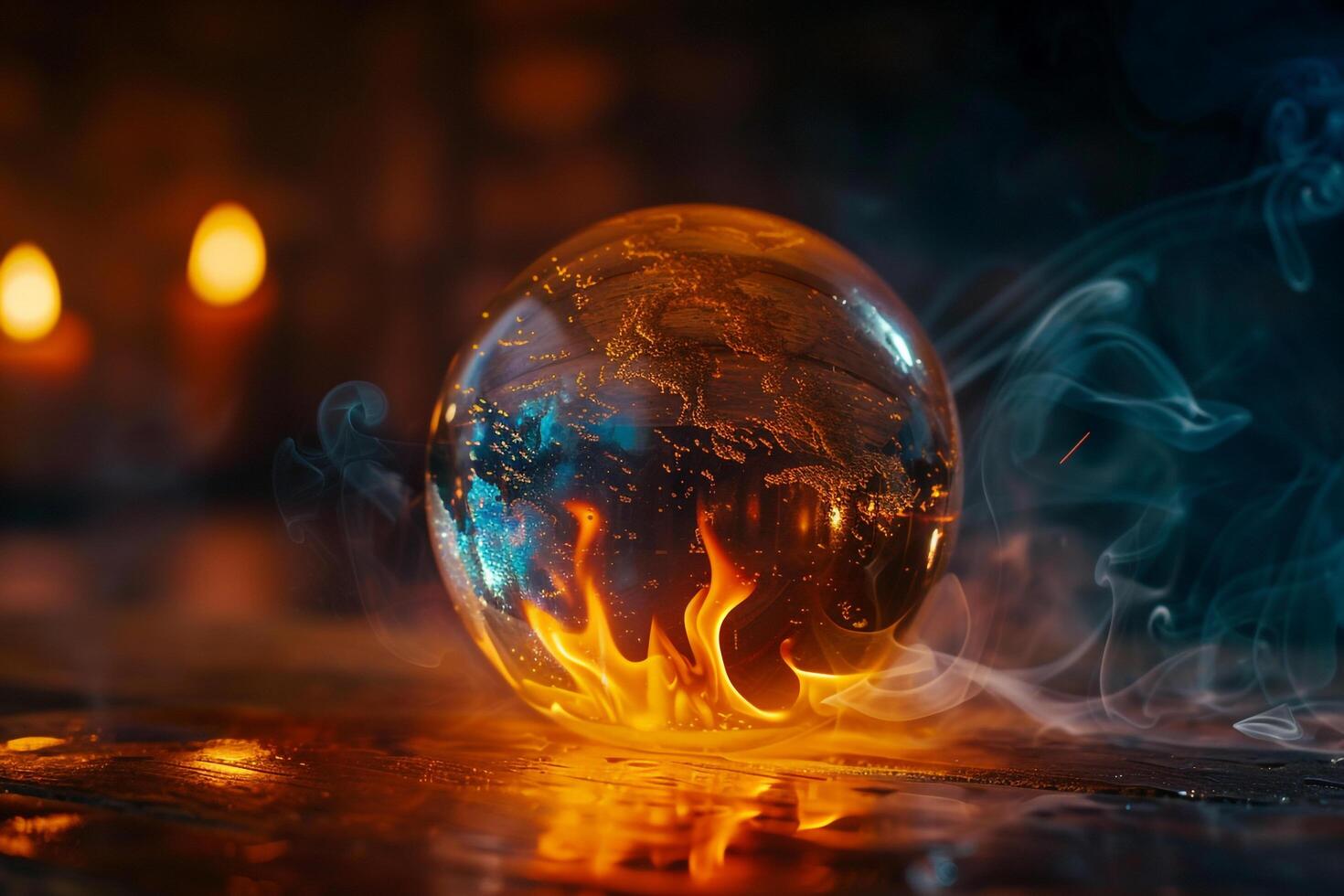 Ethereal Flames Flickering Around Crystal Ball Casting Reflections in Darkened Room   nature background photo