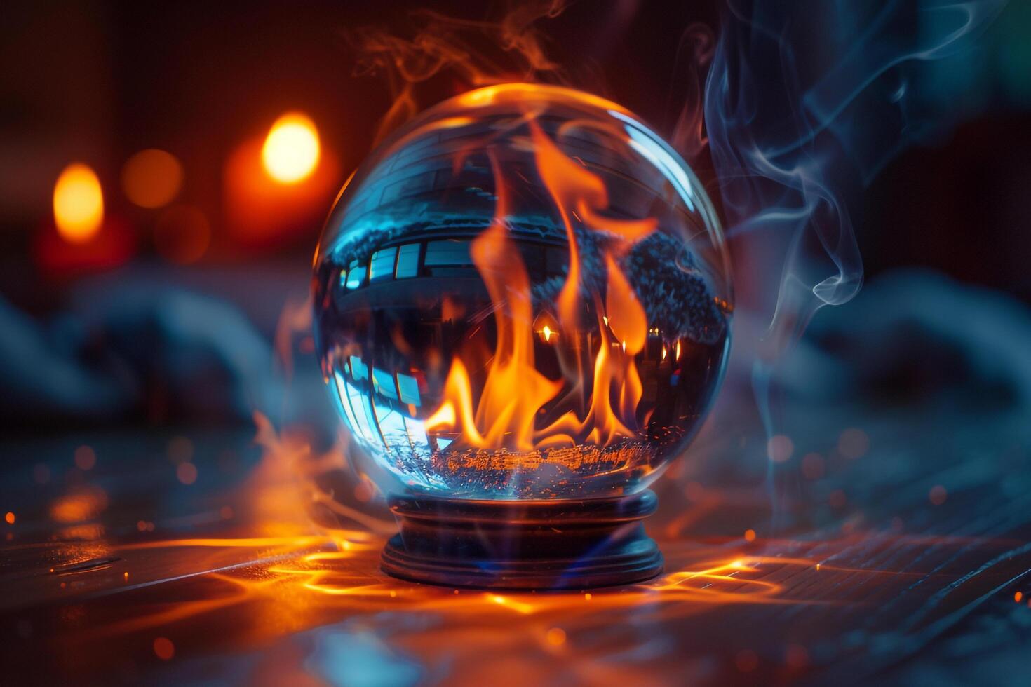 Ethereal Flames Flickering Around Crystal Ball Casting Reflections in Darkened Room   nature background photo