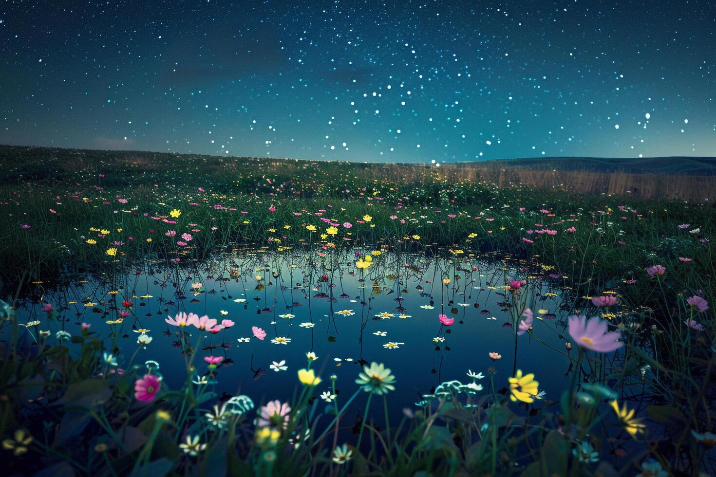 Abstract Field of Wildflowers Reflecting in Still Pond Under Starry Night Sky   nature background photo