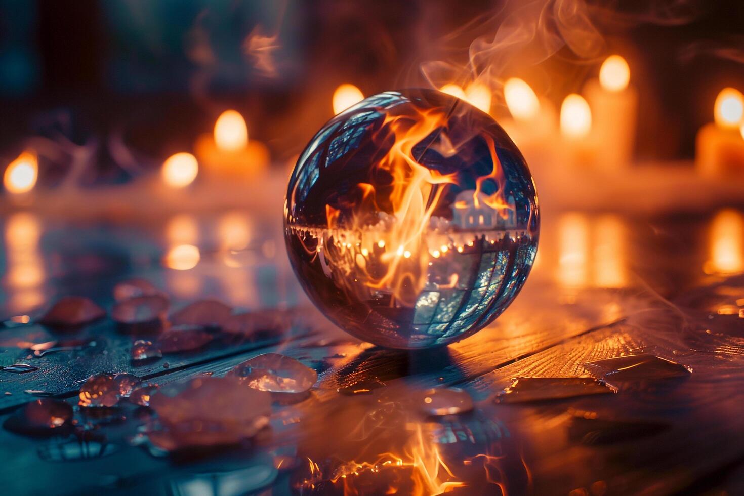 Ethereal Flames Flickering Around Crystal Ball Casting Reflections in Darkened Room   nature background photo