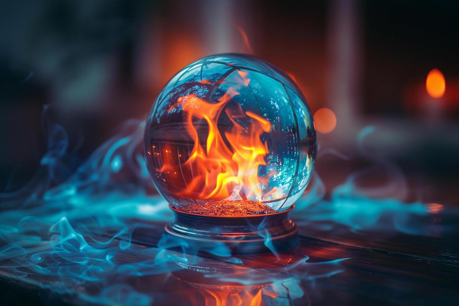 Ethereal Flames Flickering Around Crystal Ball Casting Reflections in Darkened Room   nature background photo