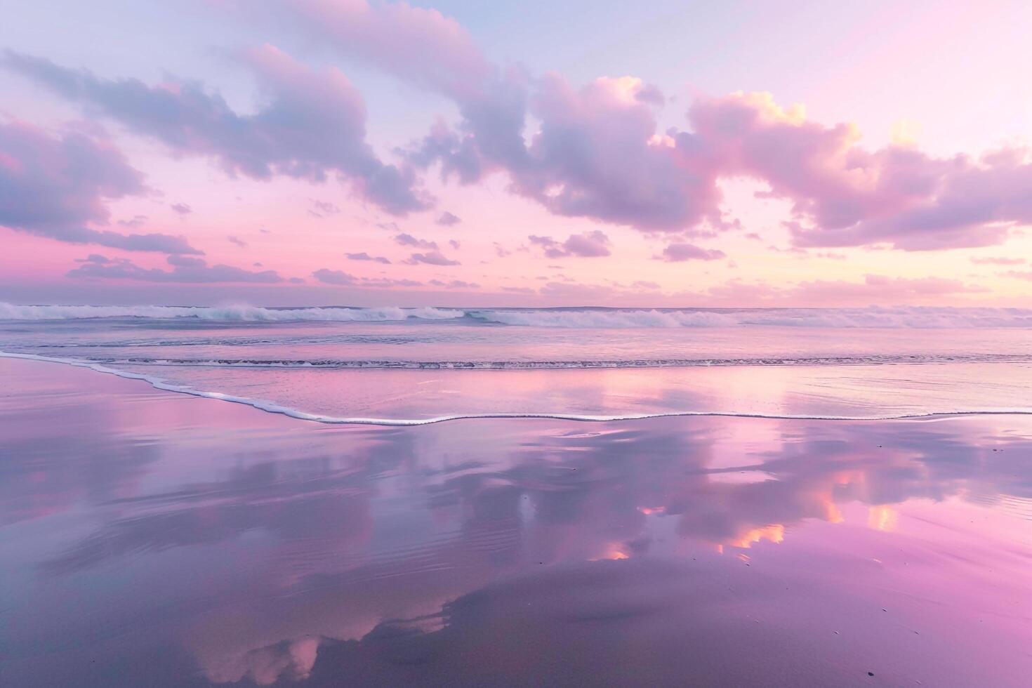 Pastel Colored Sky Reflected in Gentle Waves of Beach at Sunrise   nature background photo