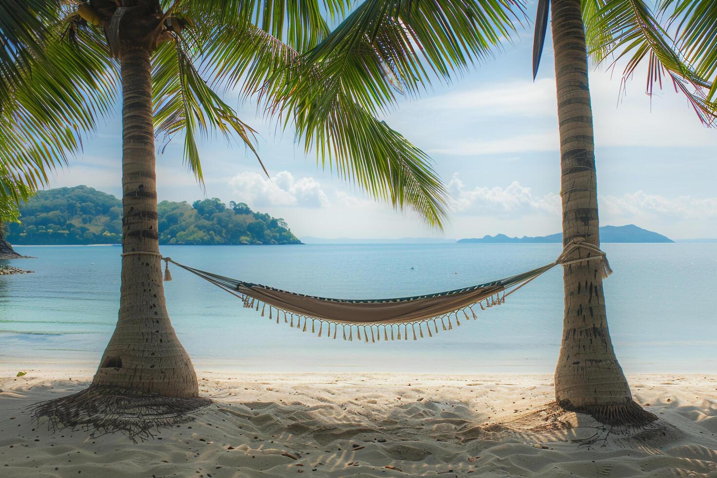 Hammock Between Two Palm Trees on Secluded Beach Overlooking Calm Azure Waters   nature background photo