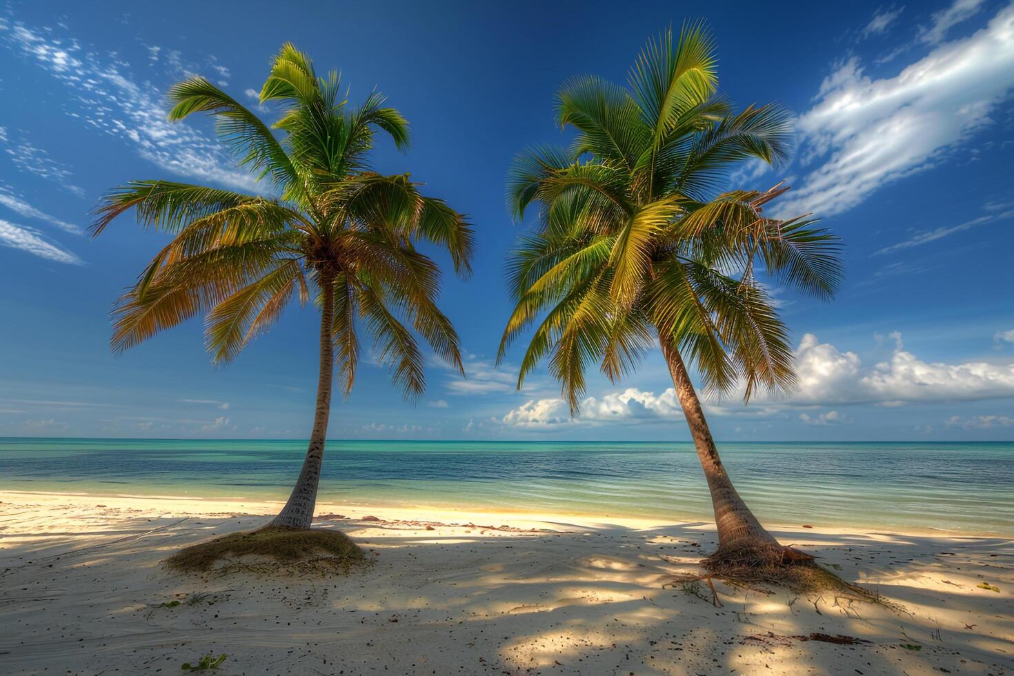 Bliss Coconut Palms on Sandy Beach Under Clear Blue Sky with Gentle Breeze Rustling the Palm Fronds  nature background photo