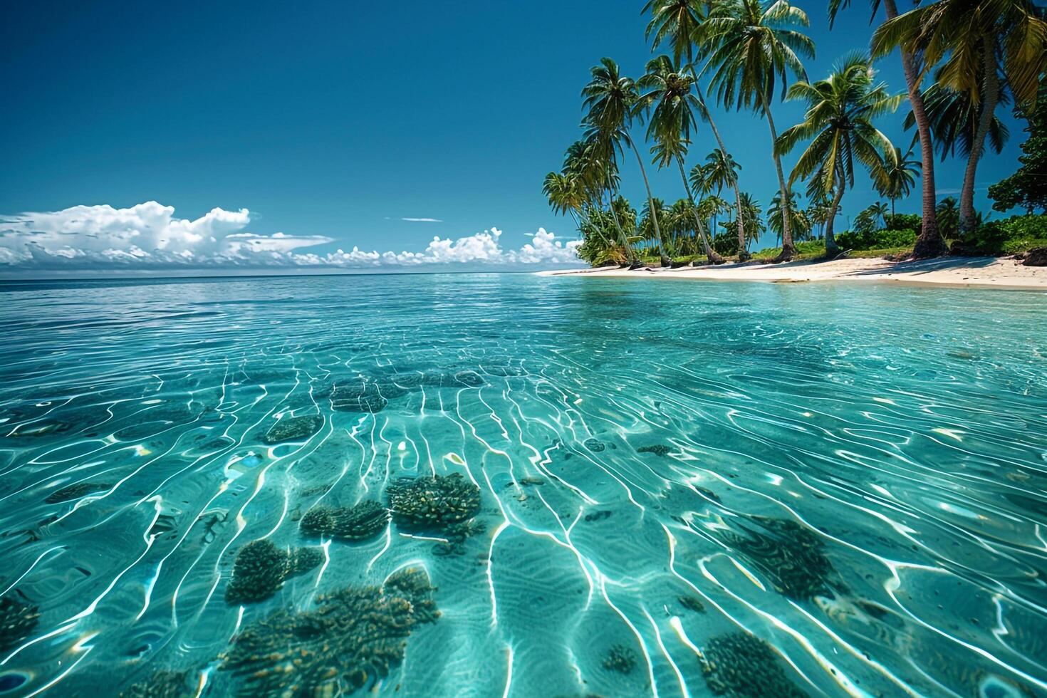 PalmFringed Beach with Clear Turquoise Waters Ideal for Snorkeling with Coral Reefs Visible Beneath the Surface  nature background photo