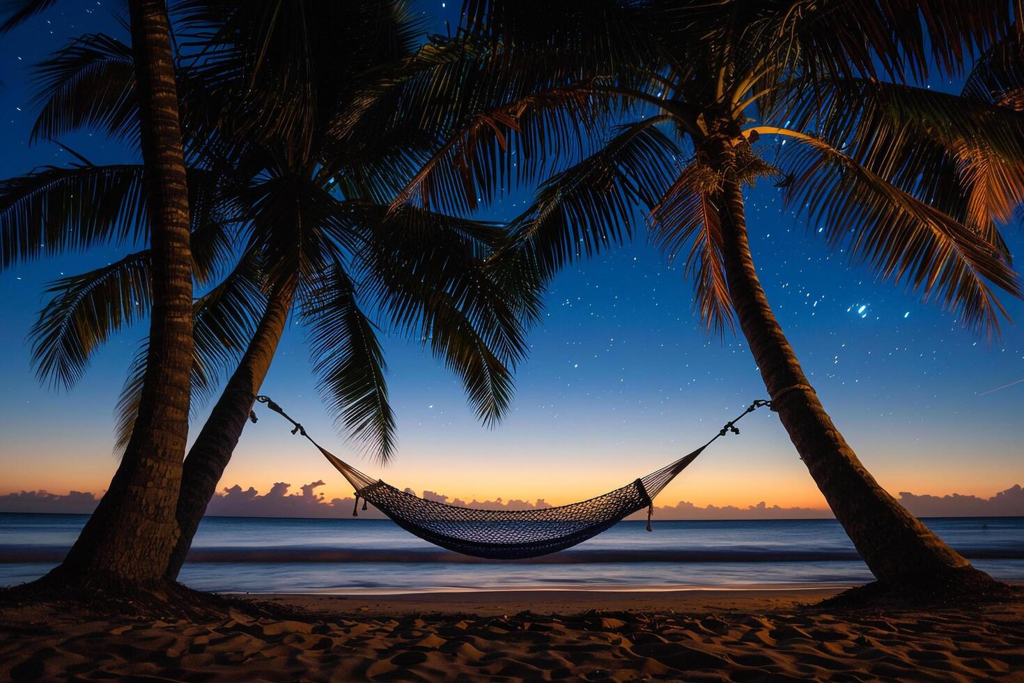 Hammock Between Palm Trees on Beach at Twilight with the Last Light of Day Fading into Starry Night nature background photo