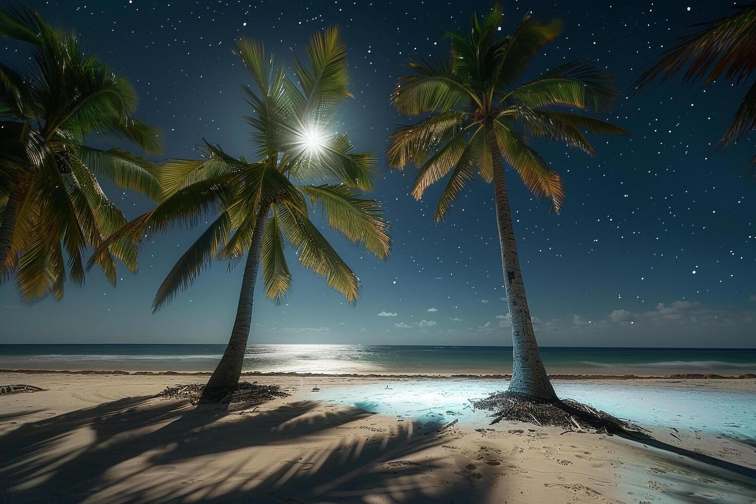 Paradise Palm Trees Casting Shadows on Beach During Full Moon Night with Stars Twinkling in Clear Sky Above nature background photo