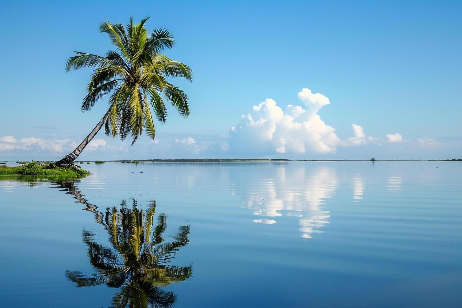 Peace Palm Tree Leaning Over Lagoon with Reflections of the Tree and Clear Blue Sky on the Waters Surface nature background photo