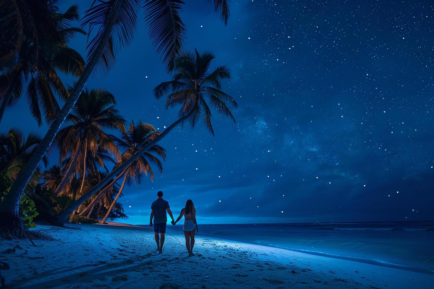 Couple Walking Hand in Hand Along Palm Lined Beach Under Starry Night Sky nature background photo