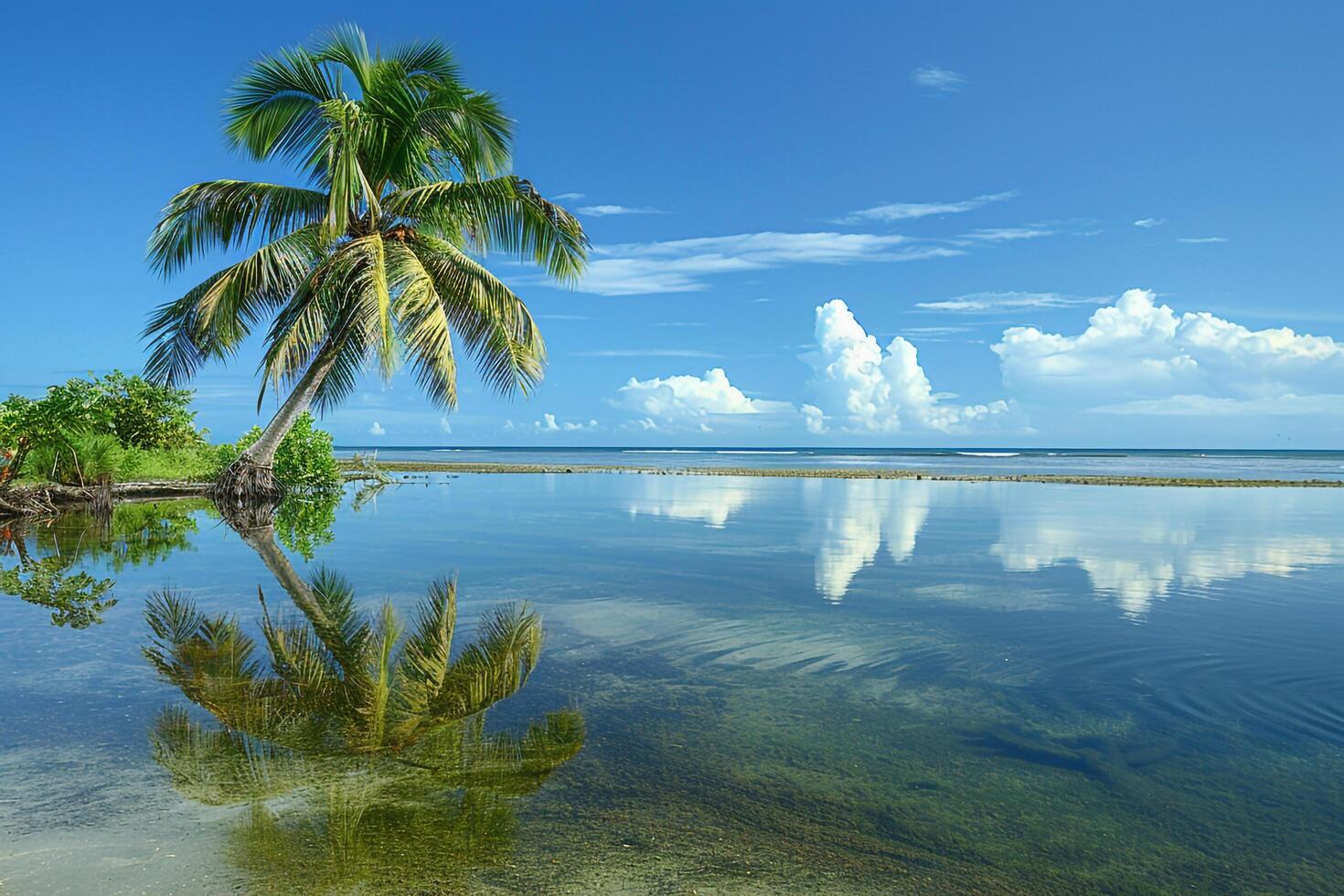 Peace Palm Tree Leaning Over Lagoon with Reflections of the Tree and Clear Blue Sky on the Waters Surface nature background photo