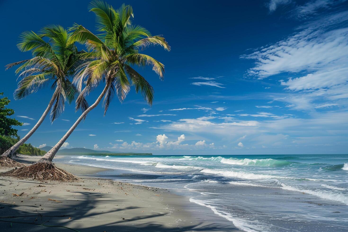 Coconut Palms on Sandy Beach Under Clear Blue Sky with Gentle Waves Breaking on the Shore nature background photo