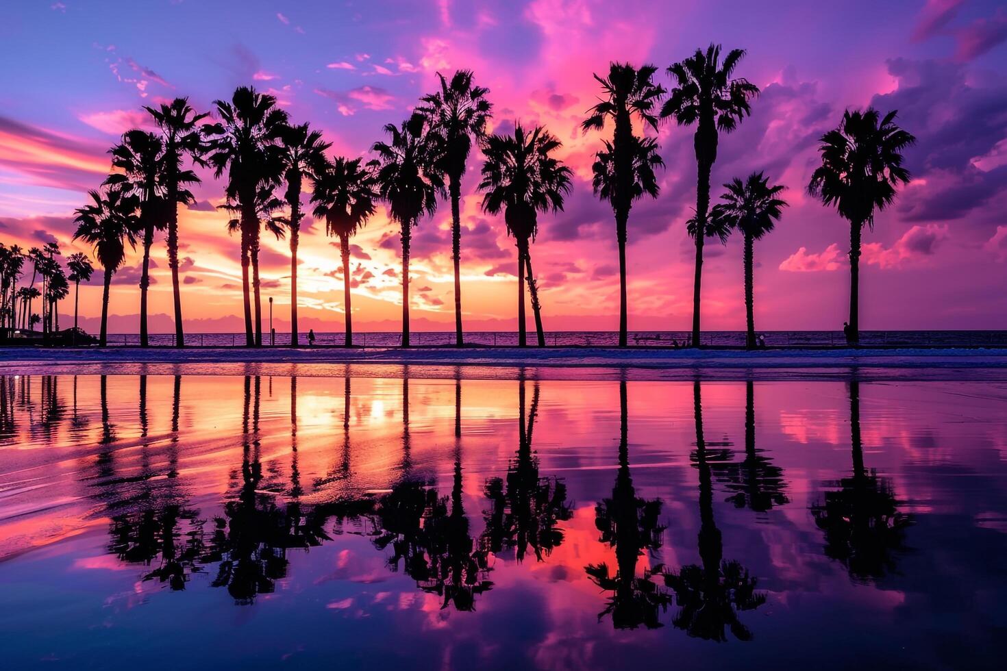 Palm Trees Silhouetted Against Colorful Sunset Sky with Reflections on Wet Sand nature background photo