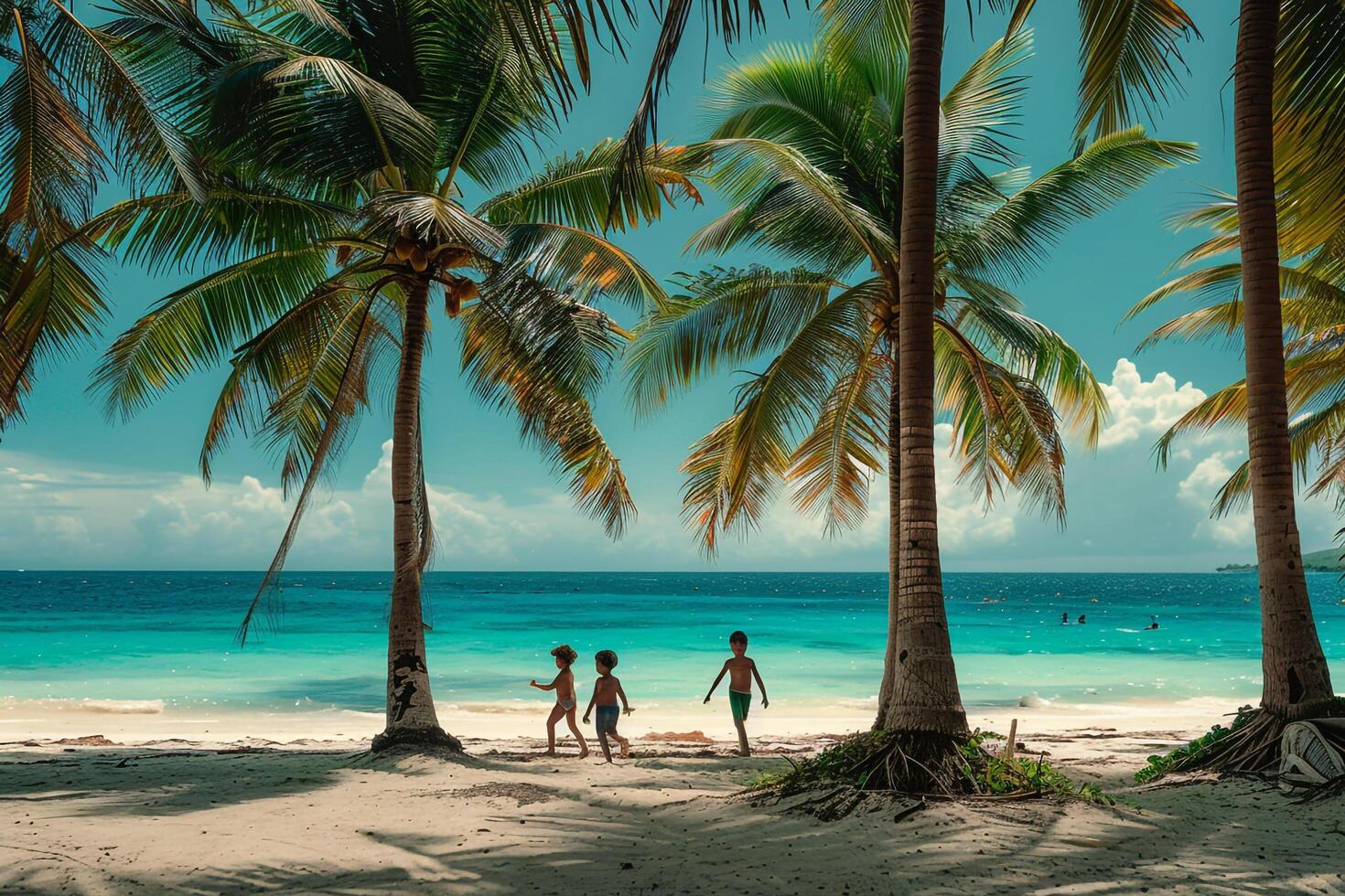 Joyful Children Playing Among Palm Trees on a Sunny Beach with Turquoise Waters in the Background photo