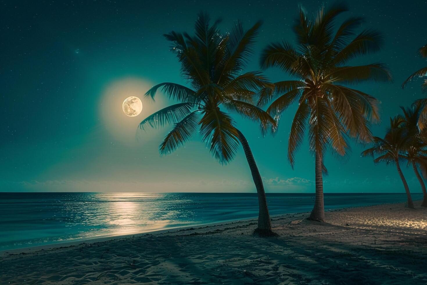 Dreamy Palm Trees Swaying in the Gentle Breeze on Moonlit Beach with the Moon Reflected on the Calm Ocean photo