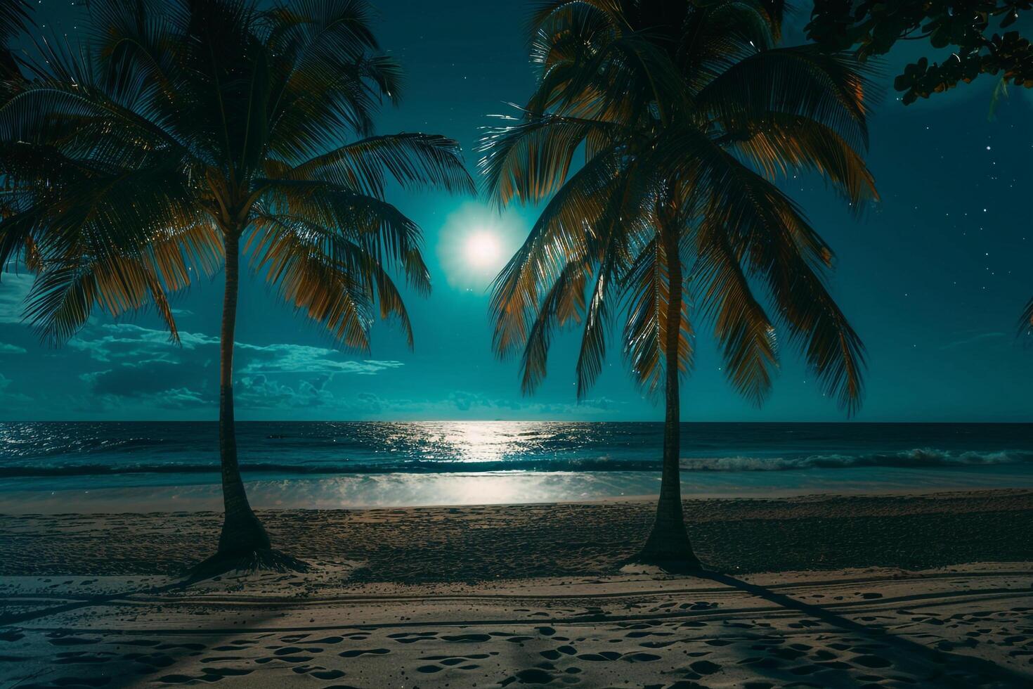 Dreamy Palm Trees Swaying in the Gentle Breeze on Moonlit Beach with the Moon Reflected on the Calm Ocean photo