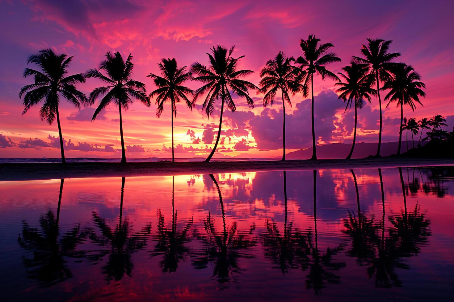Blissful Palm Trees Silhouetted Against Vibrant Sunset Sky Reflecting in Wet Sand at Low Tide photo
