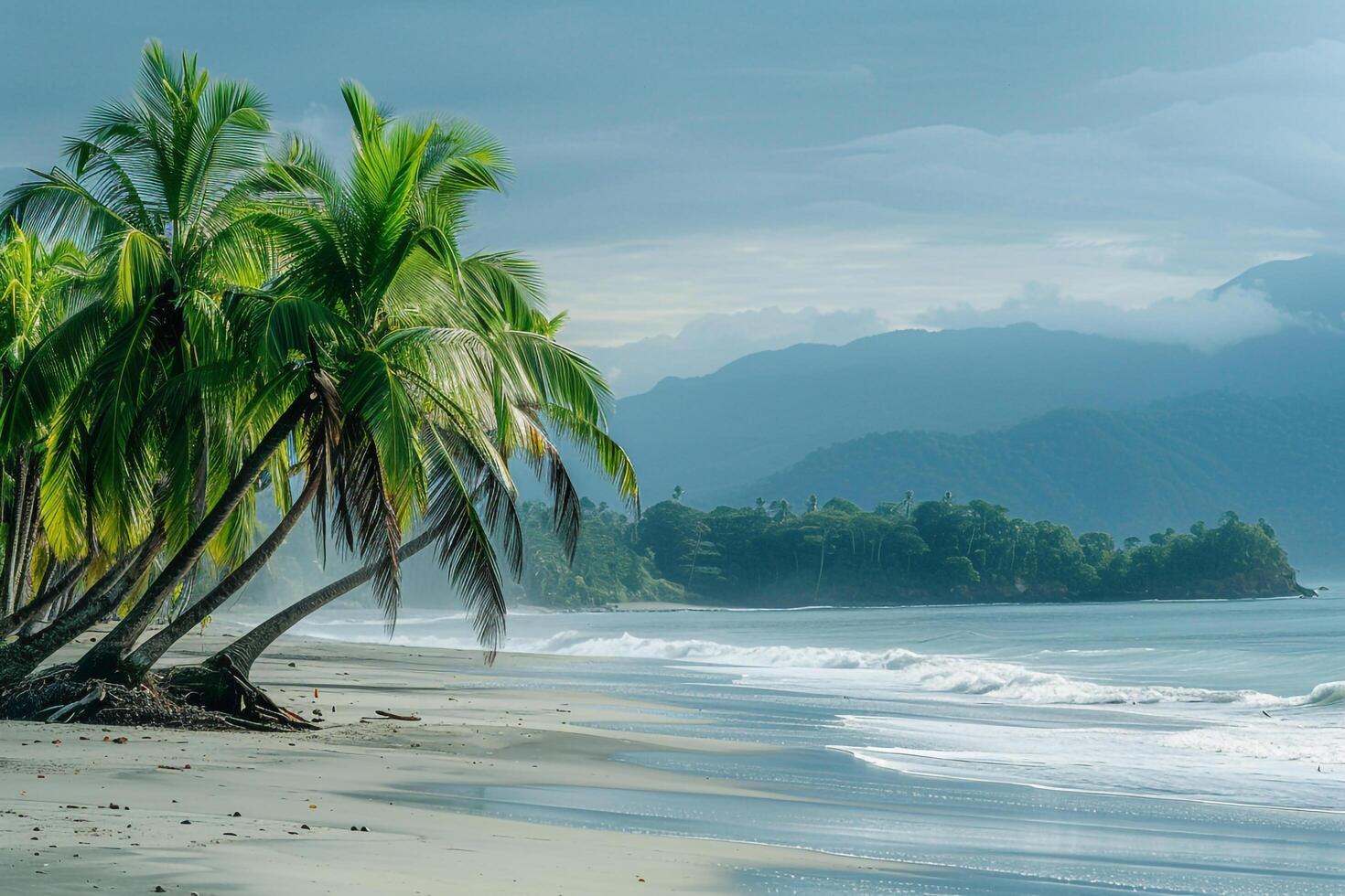 Palm Tree Grove on a Beach with Gentle Waves and Distant Mountains in the Background photo