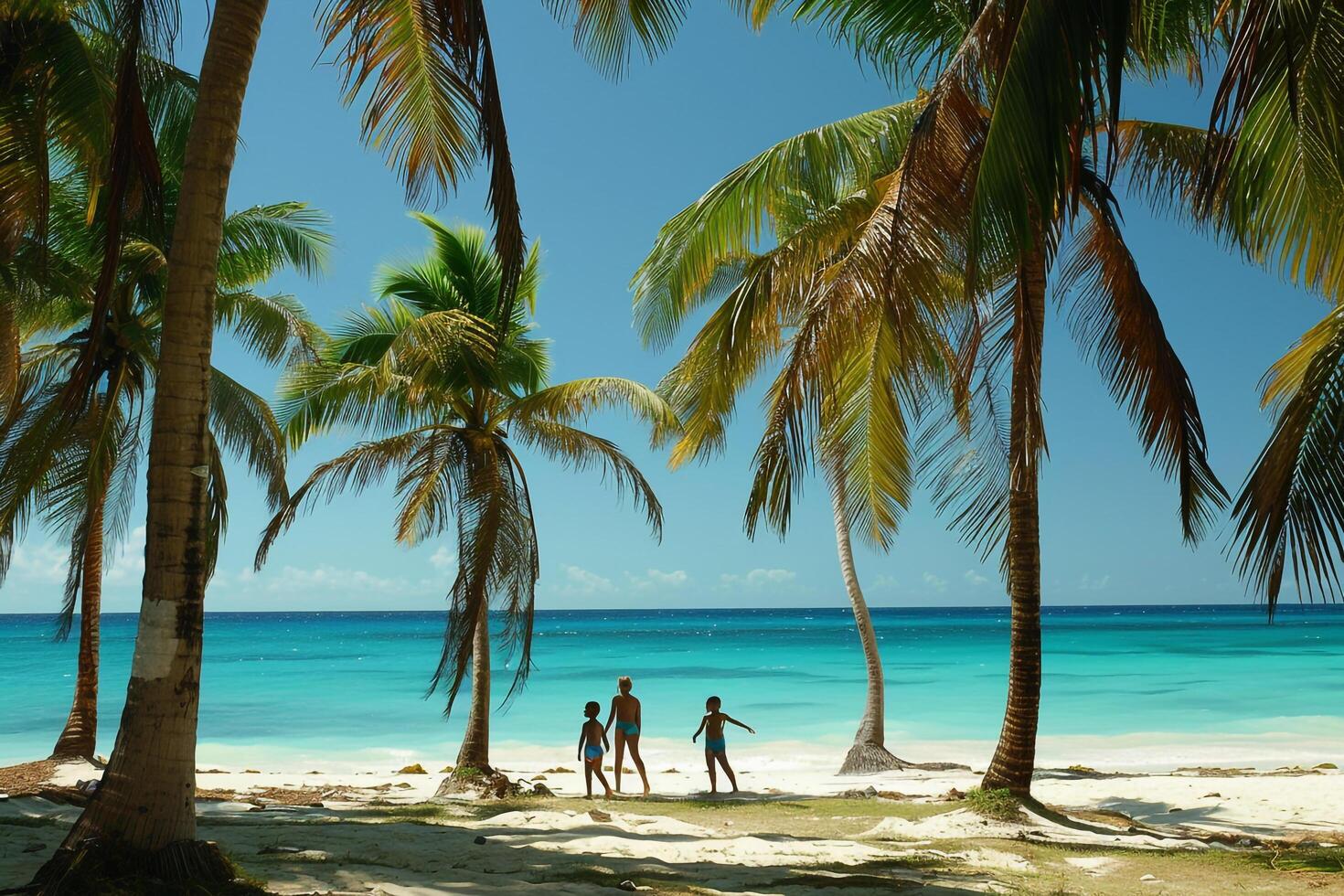 Joyful Children Playing Among Palm Trees on Sunny Beach with Turquoise Waters in the Background photo