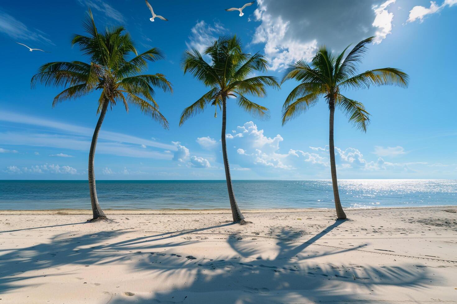 Palm Trees Casting Long Shadows on Sandy Beach Under Clear Blue Sky with Seagulls Flying Overhead photo