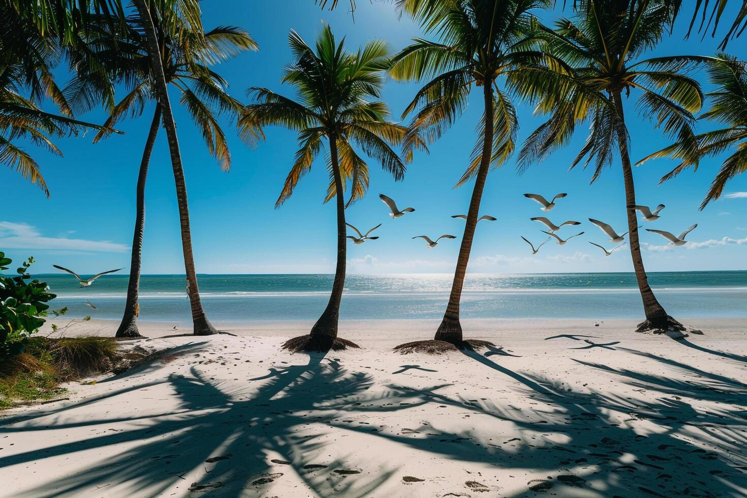 Palm Trees Casting Long Shadows on Sandy Beach Under Clear Blue Sky with Seagulls Flying Overhead photo