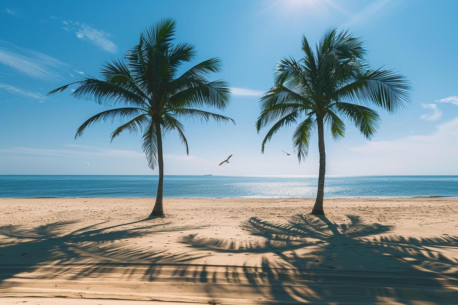 Palm Trees Casting Long Shadows on Sandy Beach Under Clear Blue Sky with Seagulls Flying Overhead photo