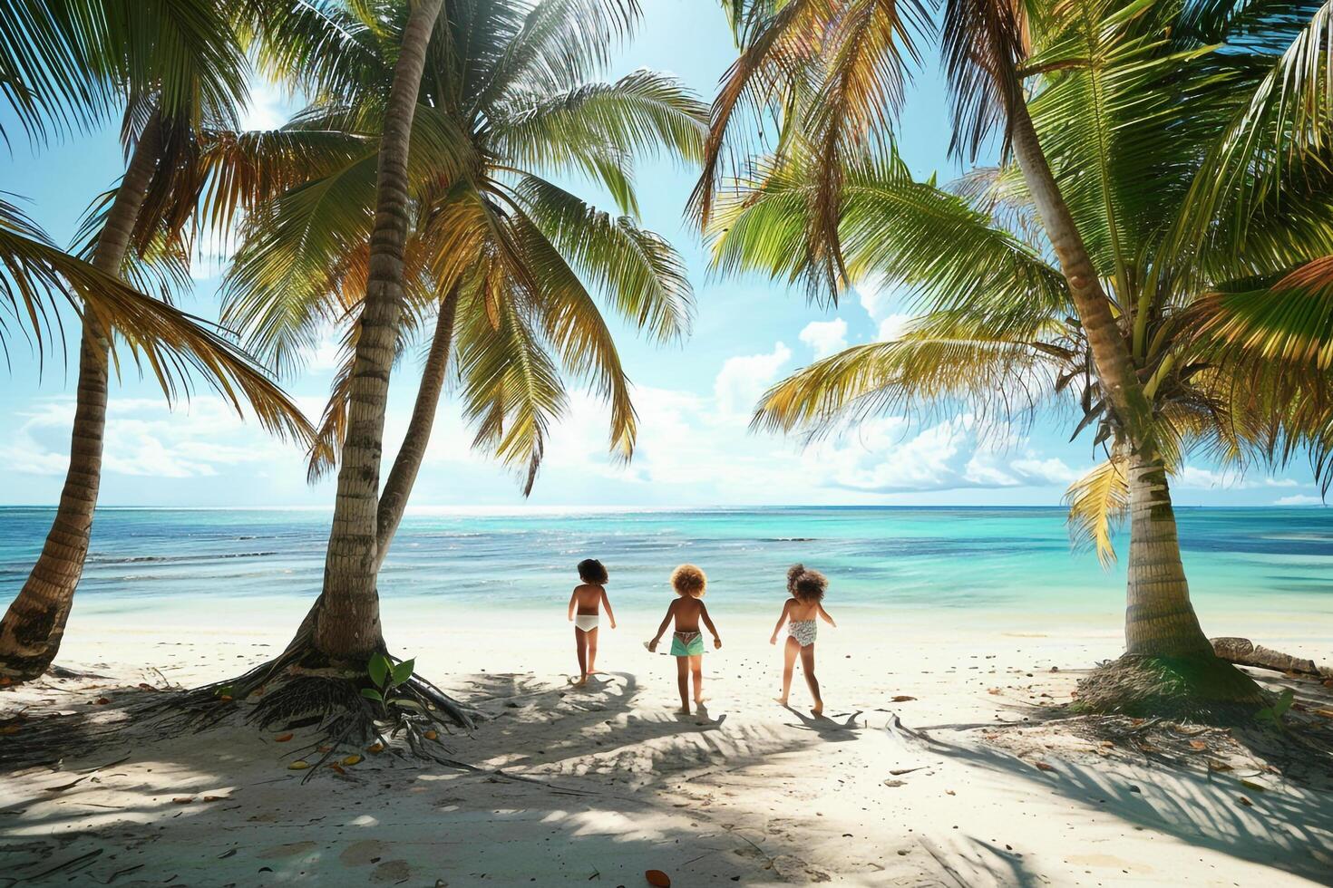 Joyful Children Playing Among Palm Trees on Sunny Beach with Turquoise Waters in the Background photo