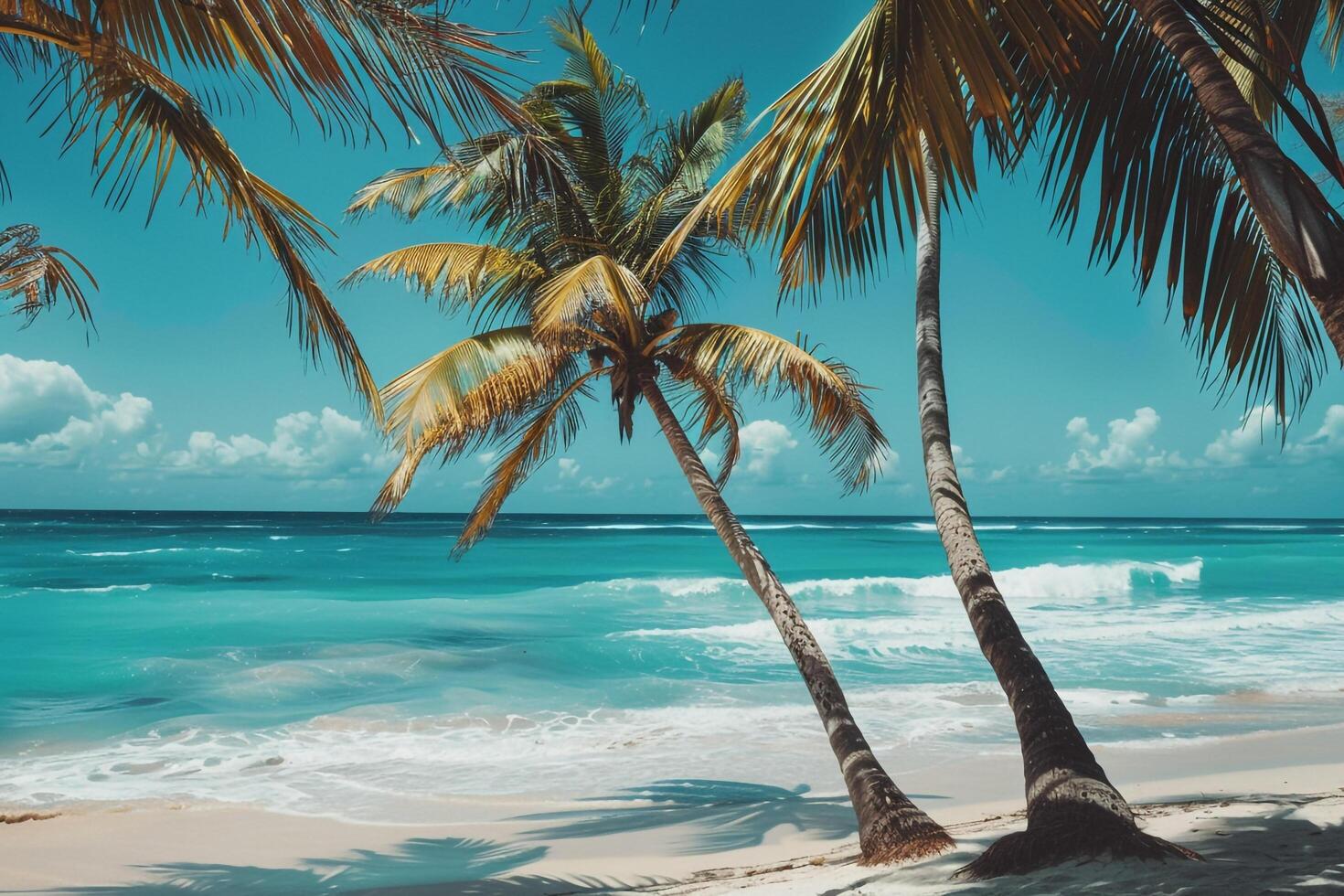 Refreshing palm trees swaying in the breeze on sandy beach with turquoise waves nature background photo