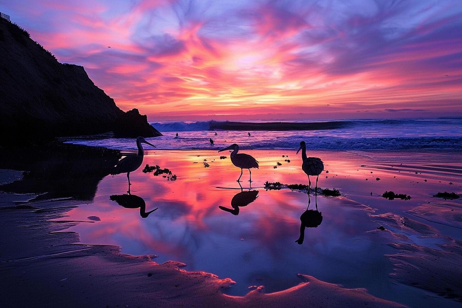 Sunset beach  with tide pools and seabird silhouettes nature background photo