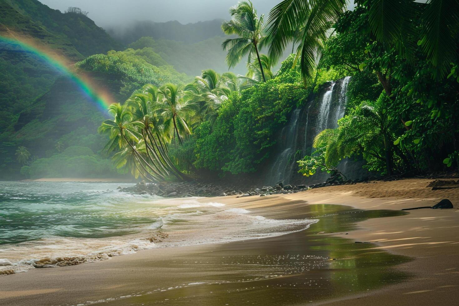 Morning at a secluded beach with lush greenery and a waterfall creating a rainbow nature background photo