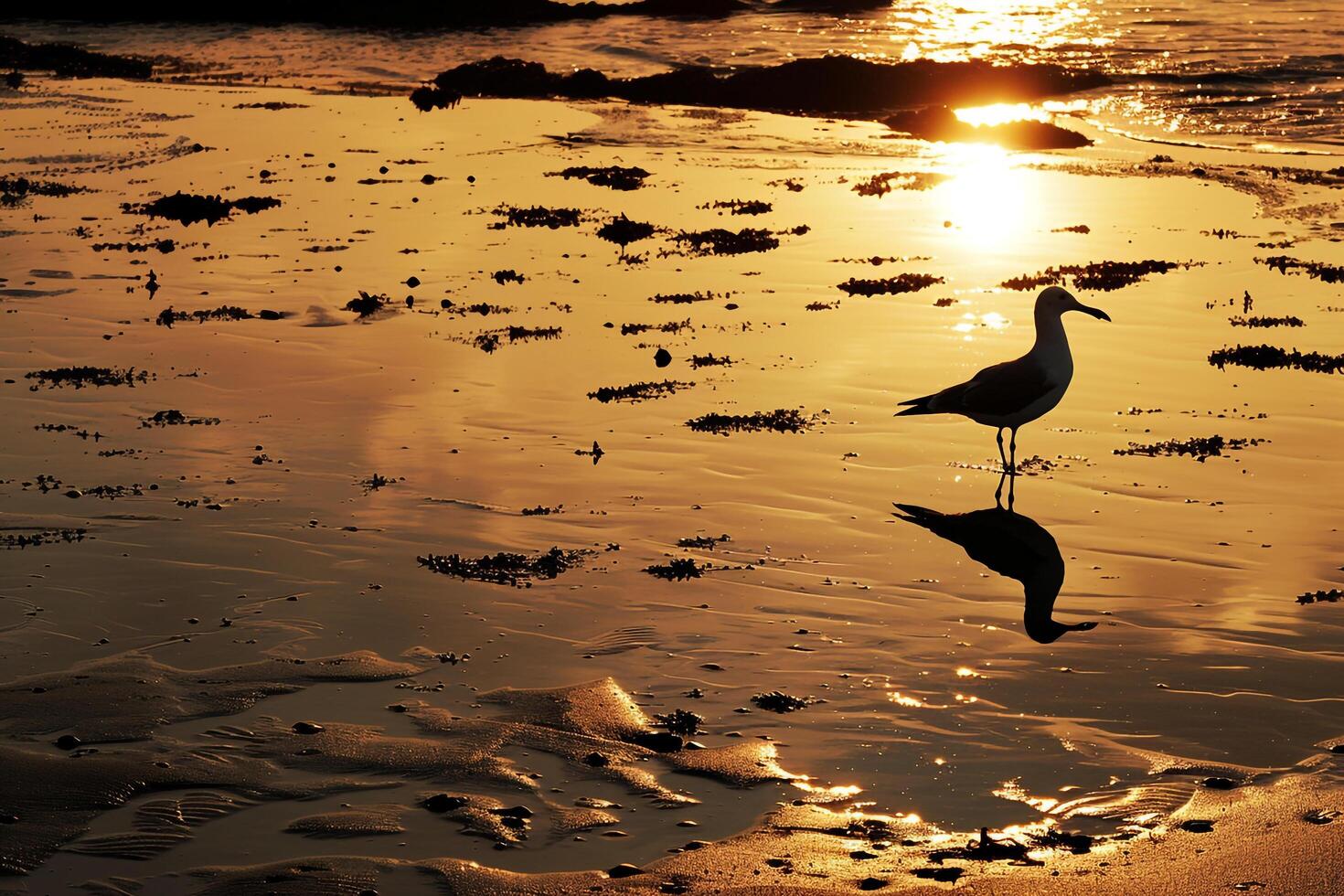 Serene beach with tide pools reflecting the sunset and seabird silhouettes nature background photo