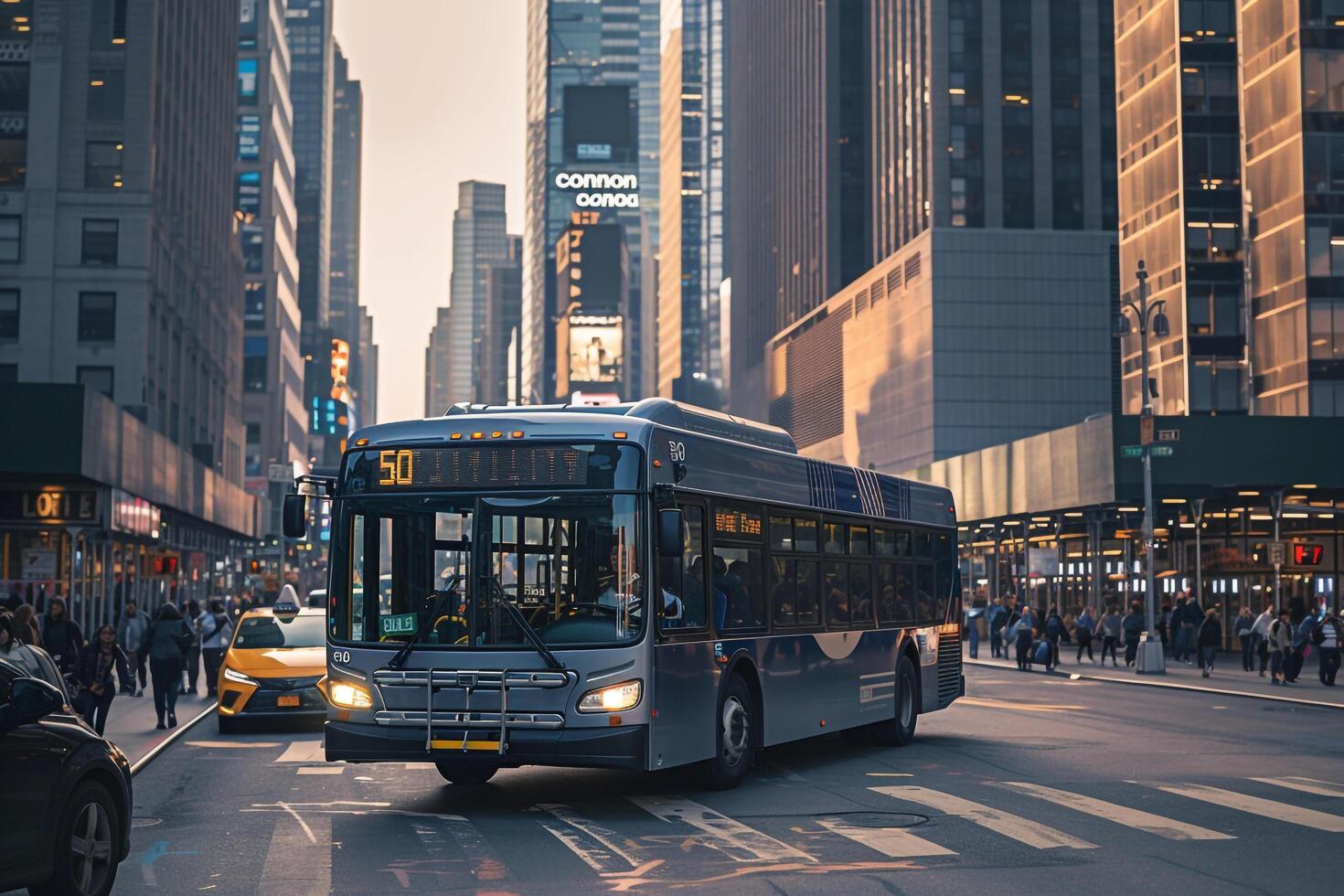 Urban street with commuter bus navigating busy downtown street skyscrapers in the background nature background photo