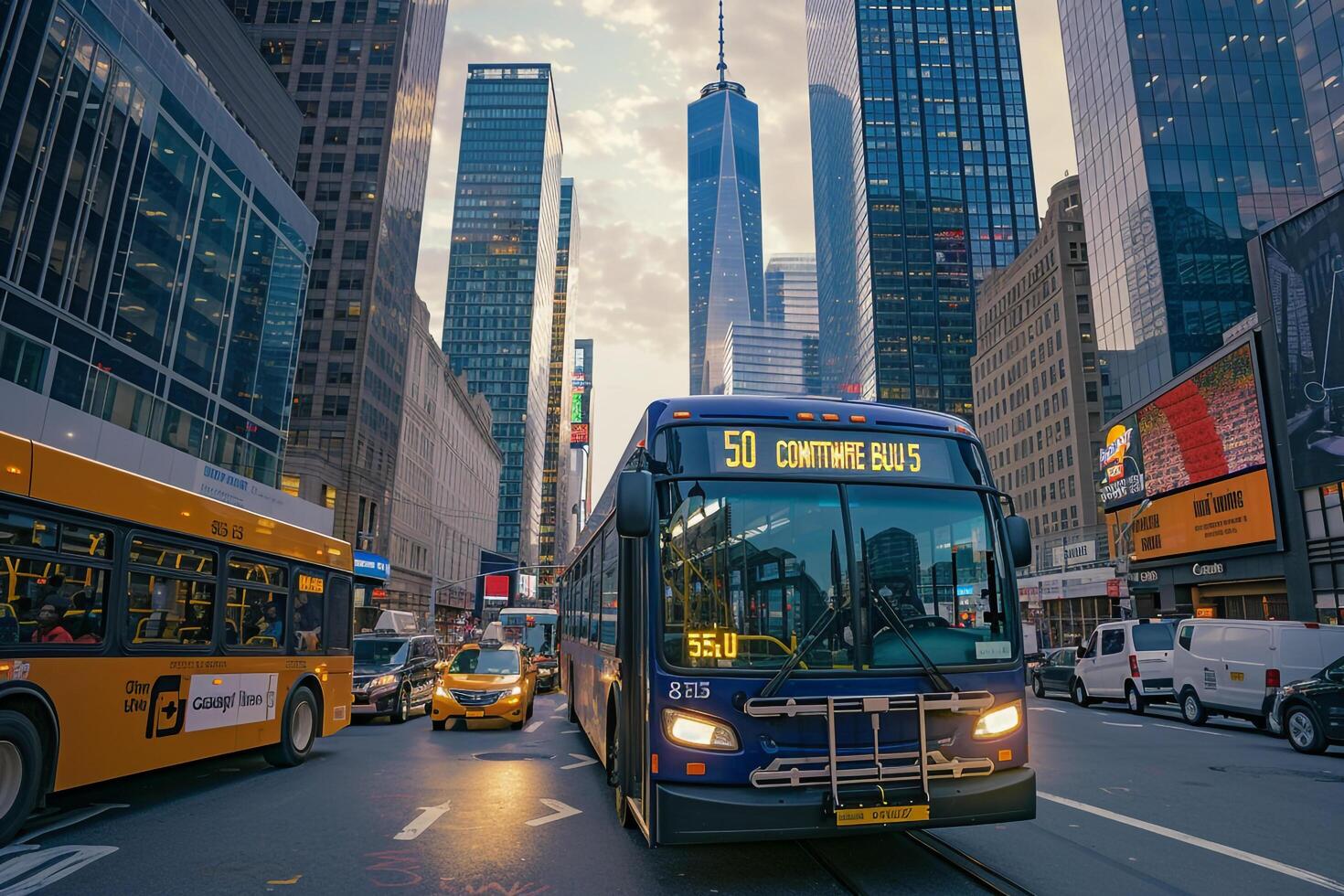 Urban street with buzzing commuter bus navigating crowded downtown skyscrapers in the background nature background photo