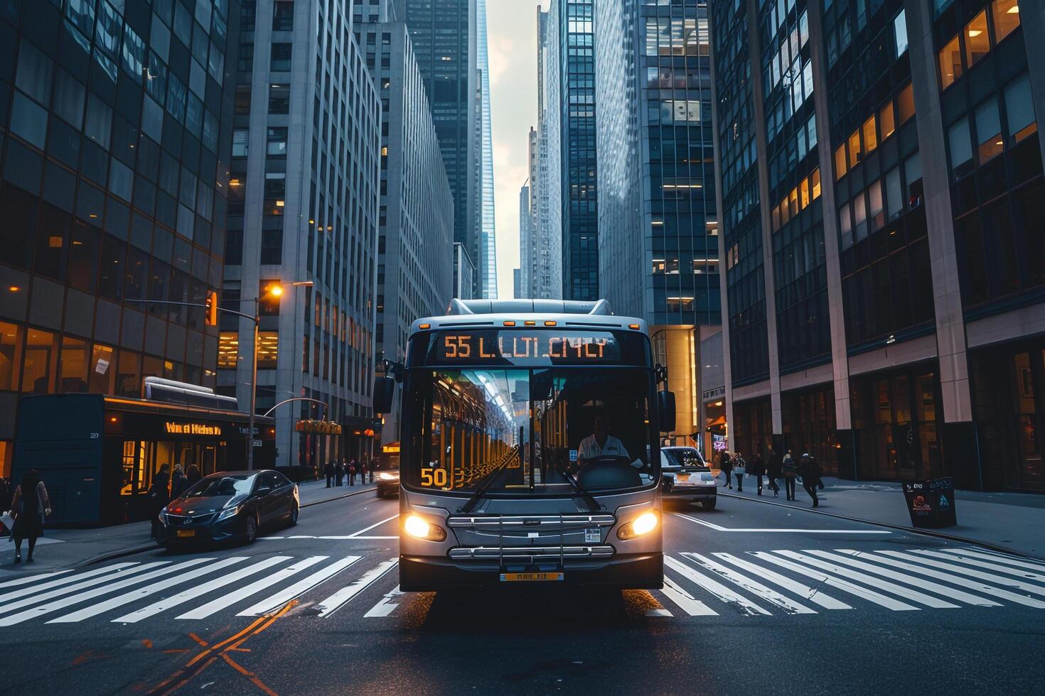 Public bus traveling down busy avenue with skyscrapers and pedestrian crossings nature background photo