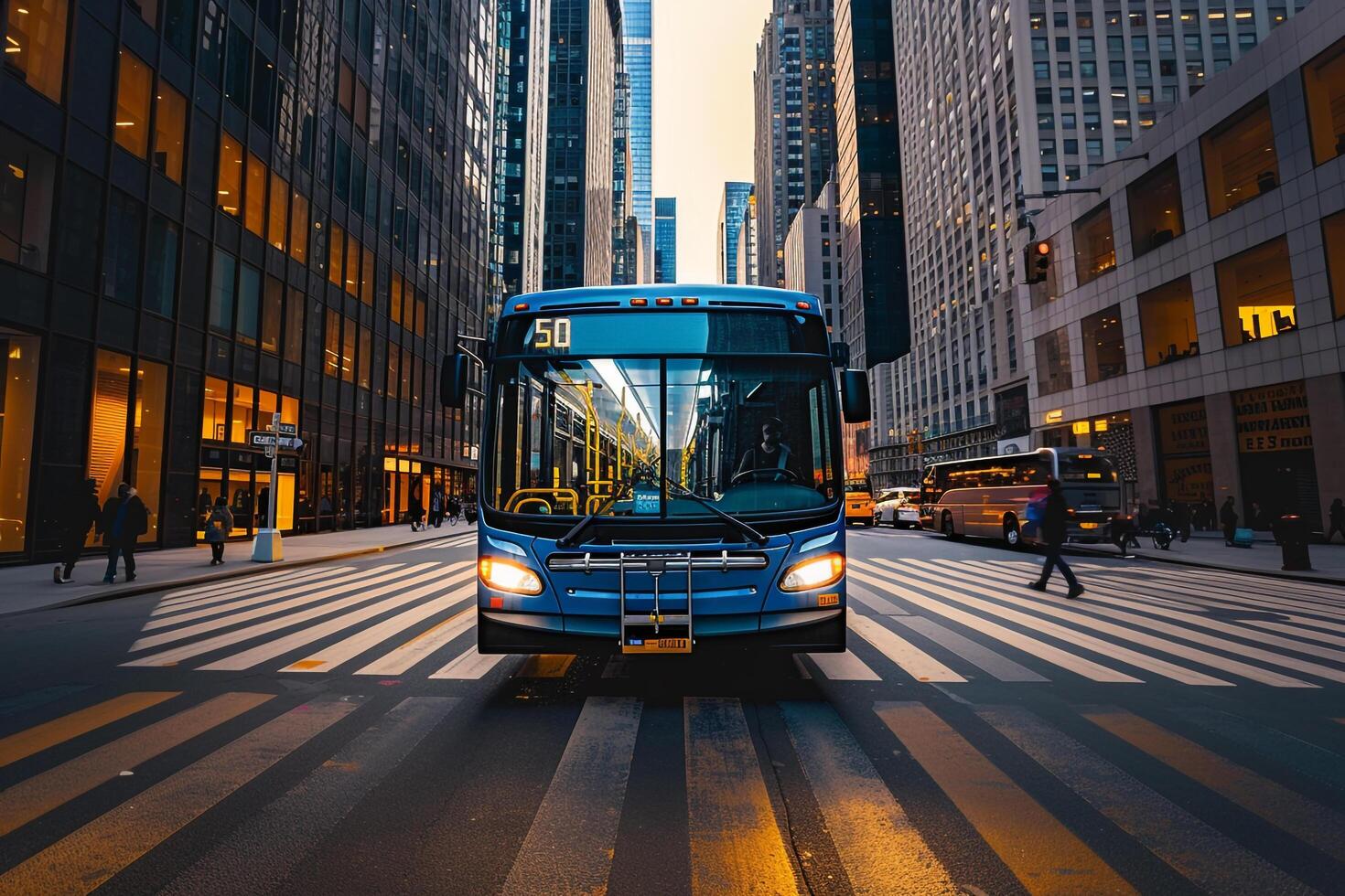 Public bus traveling down busy avenue with skyscrapers and pedestrian crossings nature background photo