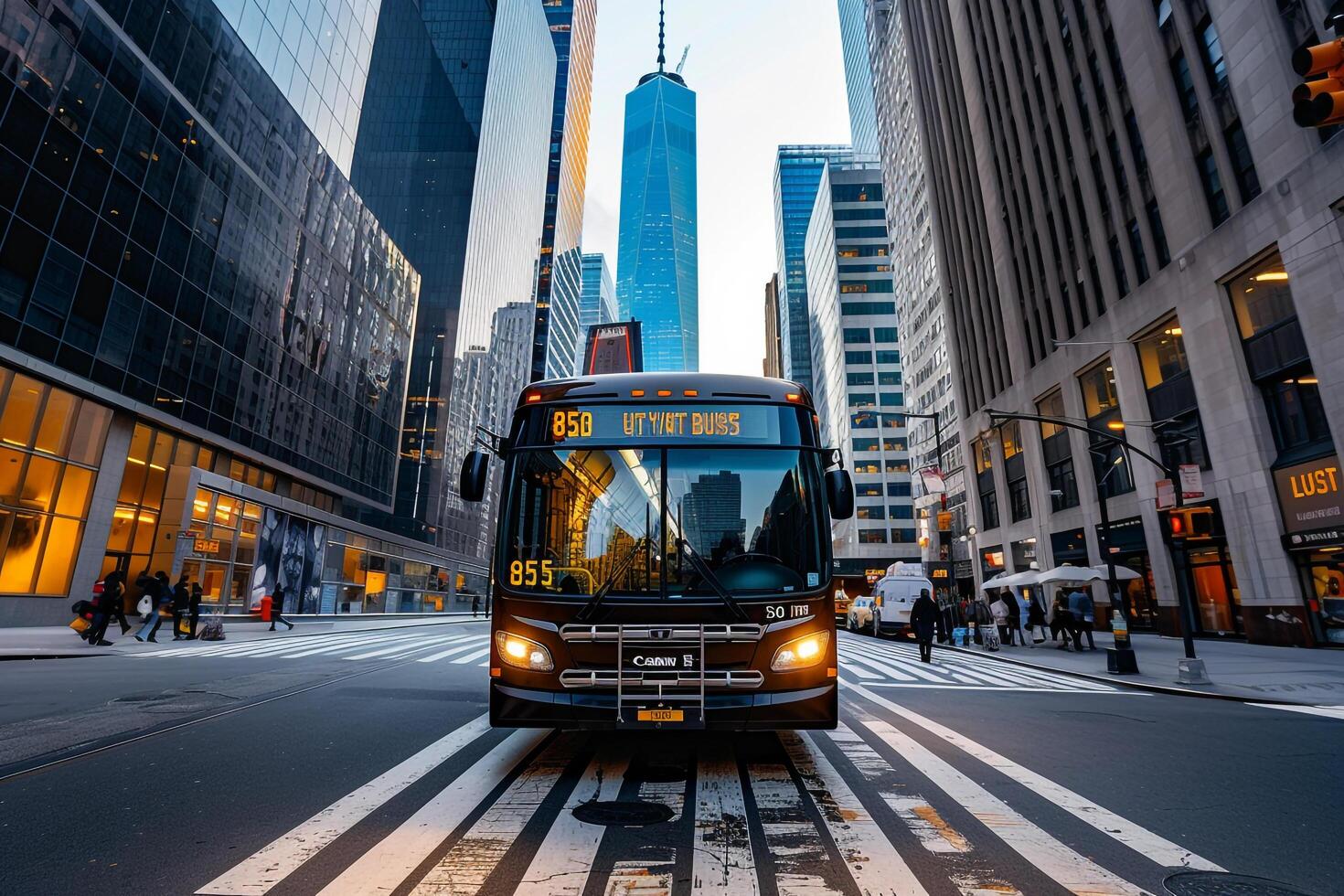 Public bus traveling down busy avenue with skyscrapers and pedestrian crossings nature background photo