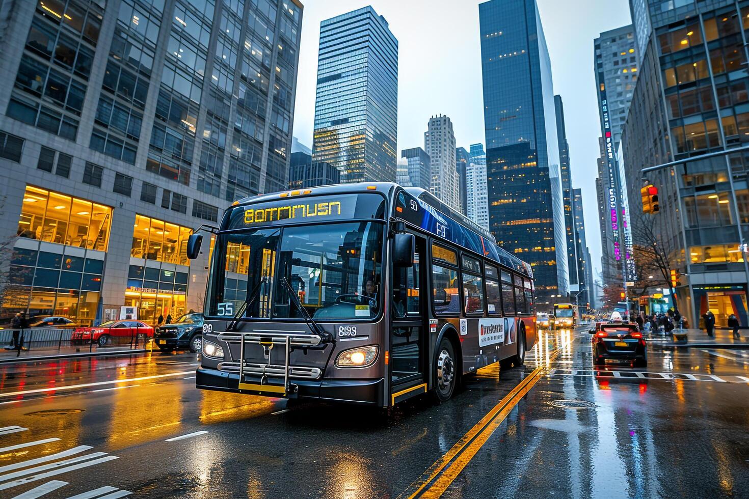 Urban street with buzzing commuter bus navigating crowded downtown skyscrapers in the background nature background photo