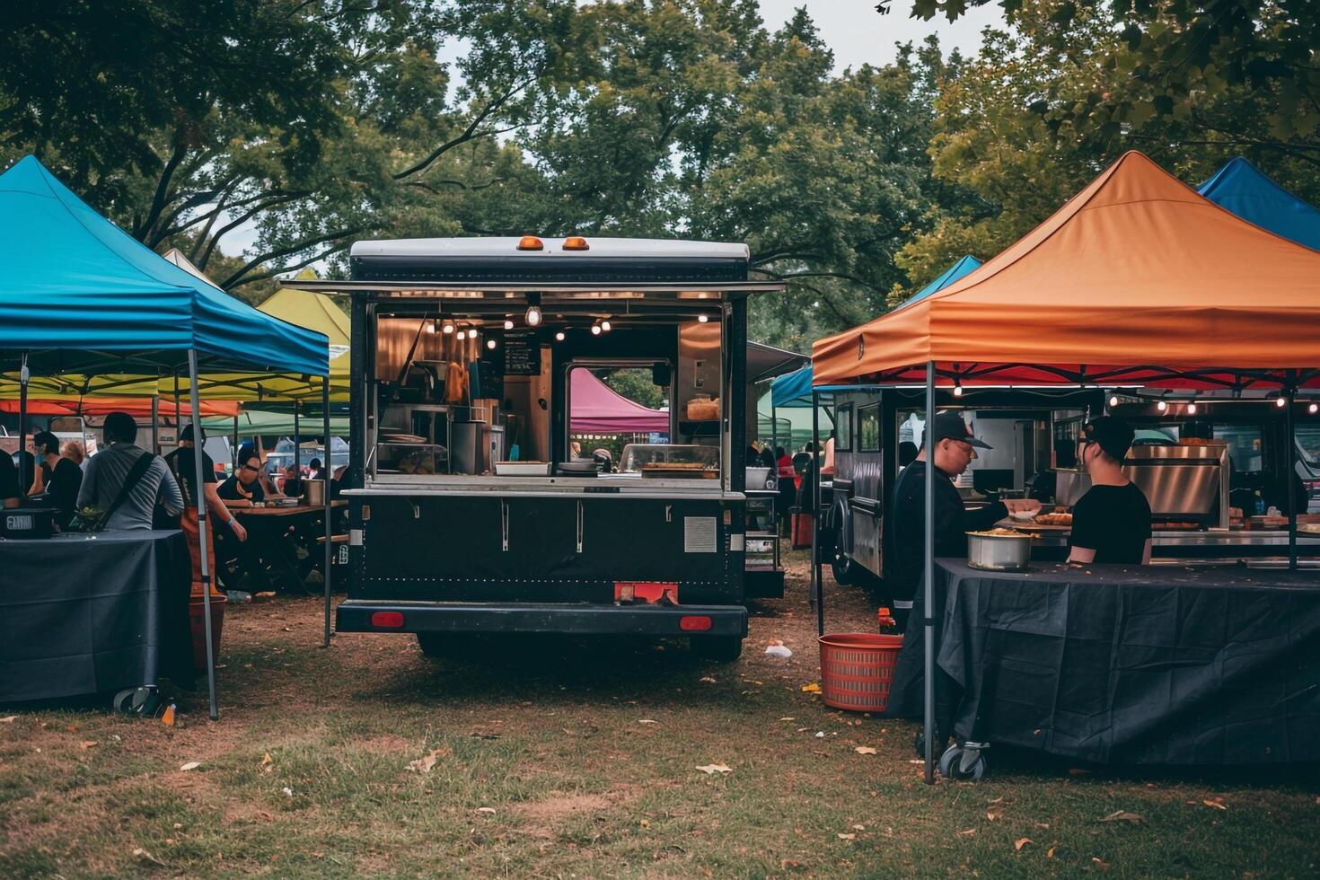 Food truck parked at vibrant street food festival with colorful tents and people nature background photo
