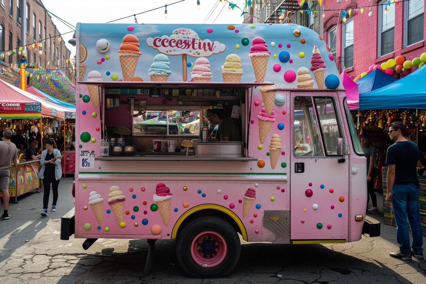 Ice cream truck parked at colorful summer street fair with cheerful crowds nature background photo