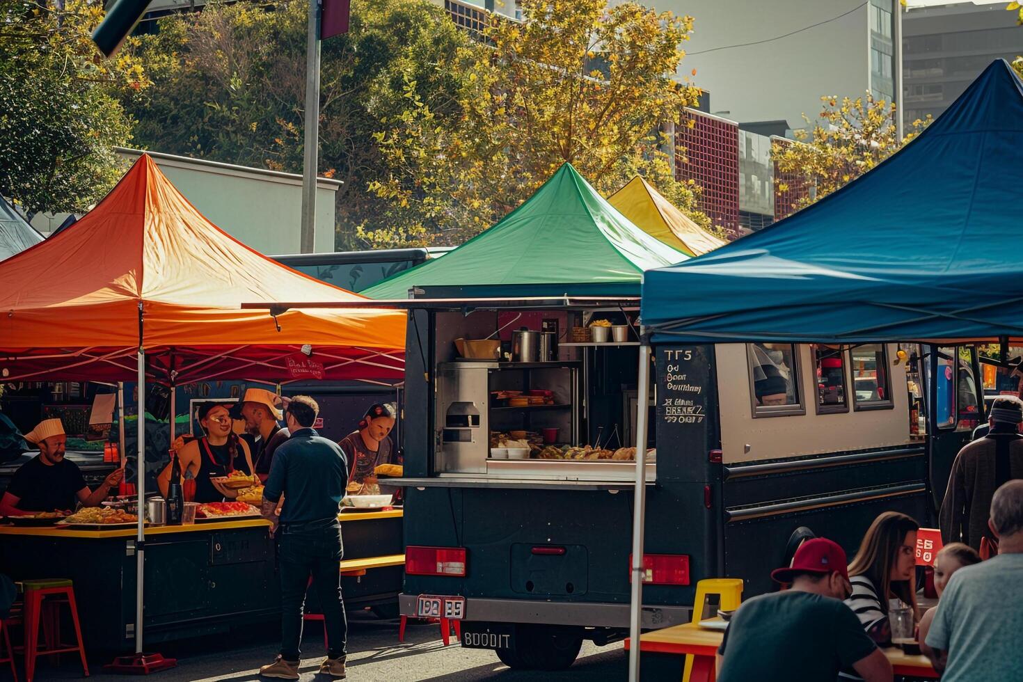 Food truck parked at vibrant street food festival with colorful tents and people nature background photo
