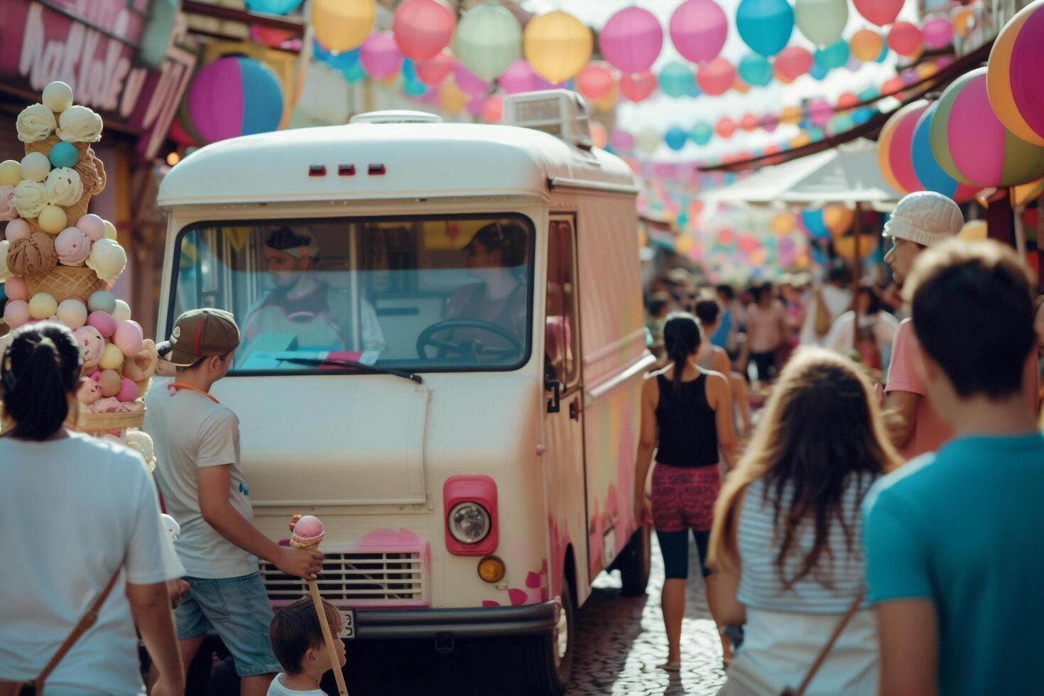 Ice cream truck parked at colorful summer street fair with cheerful crowds nature background photo