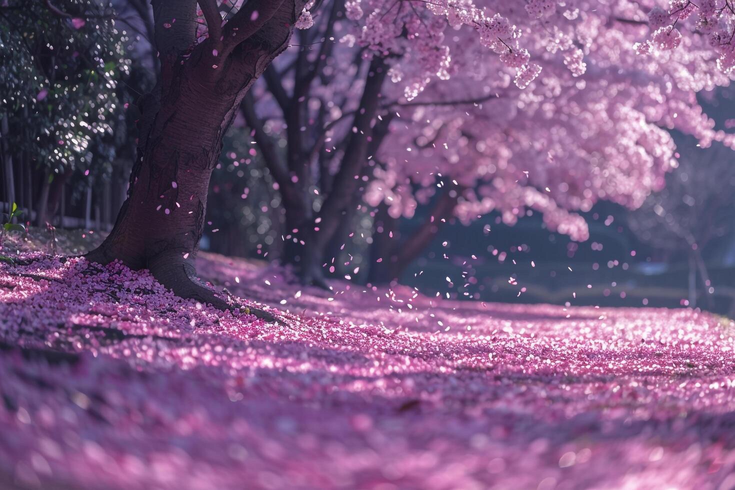 Cherry blossom trees in full bloom with a carpet of pink petals covering the ground nature background photo