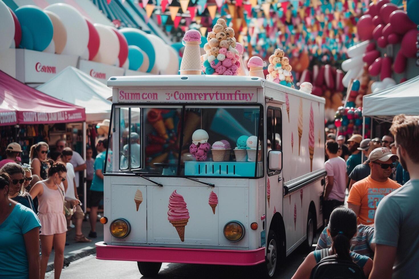Ice cream truck parked at colorful summer street fair with cheerful crowds nature background photo