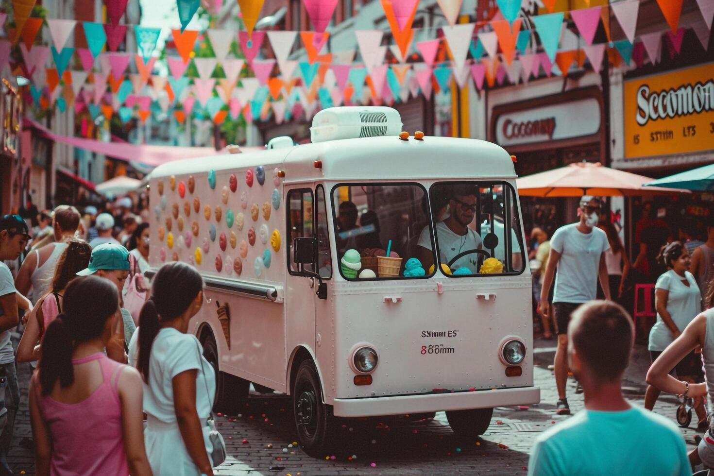 Ice cream truck parked at colorful summer street fair with cheerful crowds nature background photo