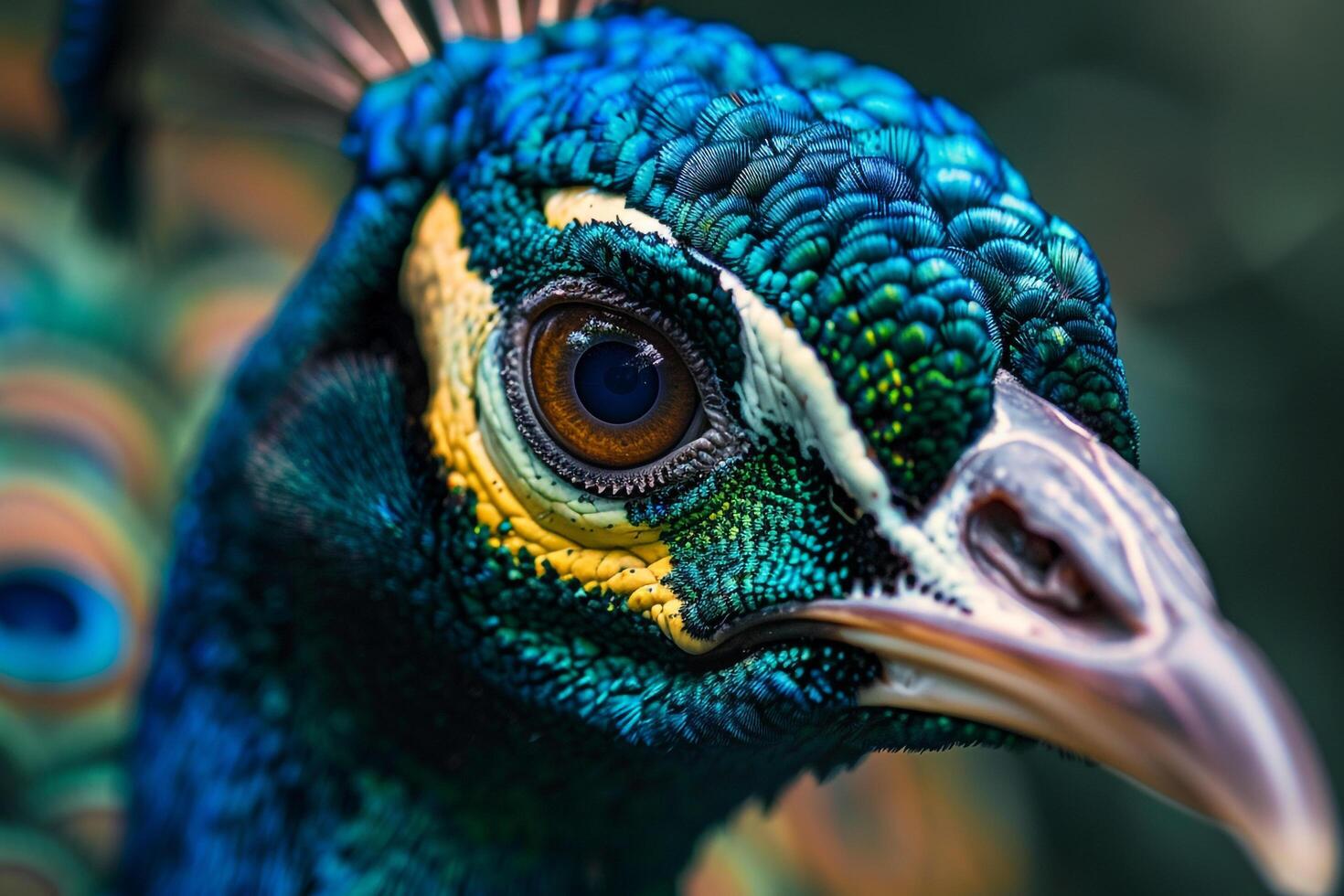 Peacocks eye with vibrant feather patterns and mesmerizing colors showcasing natures splendor photo